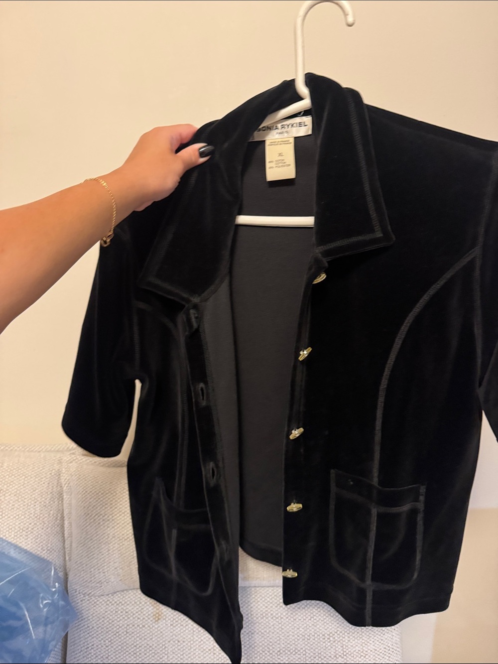 Sonia Rykiel Black Velvet Short-Sleeve Blazer with Gold Buttons